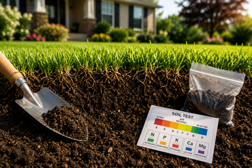"Healthy green lawn with a visible soil cross-section showing deep grass roots, rich nutrient-filled soil, and gardening tools in a modern suburban backyard."