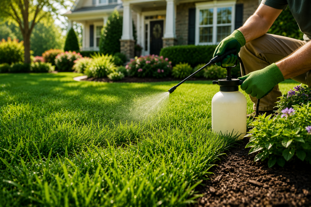 "Homeowner applying preventive lawn treatment with a garden sprayer on a healthy green lawn to protect against pests and lawn diseases in a suburban backyard."