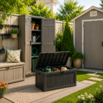 "Compact outdoor storage solutions including a small backyard shed, deck box, storage bench, and vertical storage cabinet in a landscaped suburban yard."