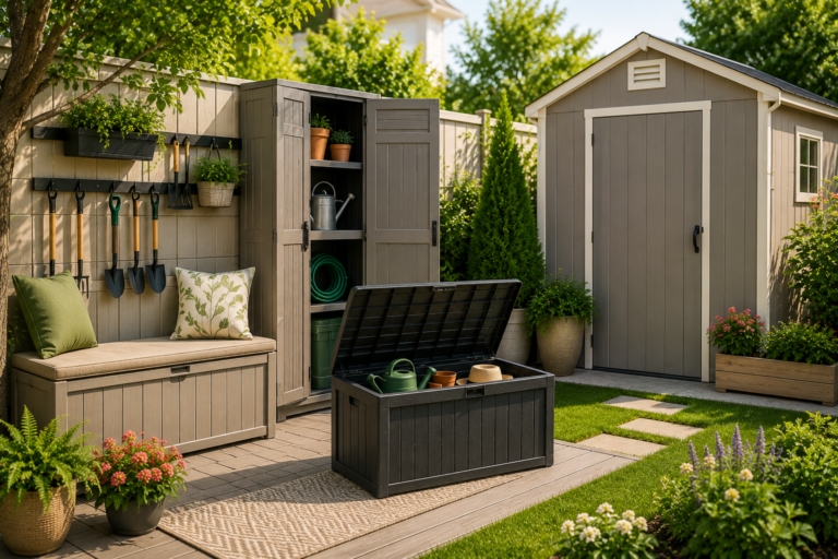 "Compact outdoor storage solutions including a small backyard shed, deck box, storage bench, and vertical storage cabinet in a landscaped suburban yard."