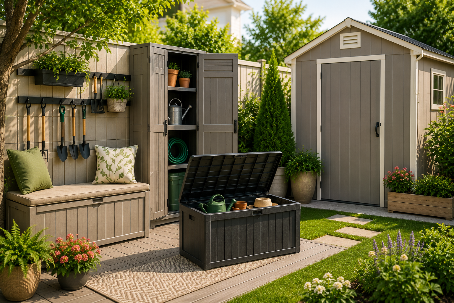 "Compact outdoor storage solutions including a small backyard shed, deck box, storage bench, and vertical storage cabinet in a landscaped suburban yard."