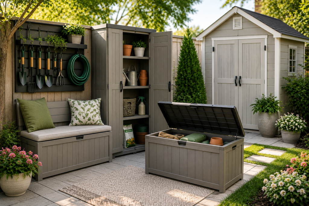 "Well-organized suburban backyard with a storage bench, deck box, vertical storage cabinet, garden shed, and neatly arranged gardening tools, demonstrating the benefits of outdoor storage solutions."