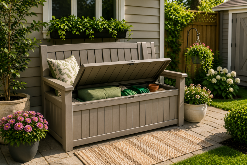 "Outdoor storage bench with hidden compartment storing garden tools, cushions, and a garden hose on a modern suburban patio surrounded by flowers and greenery."
