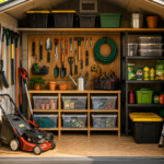 "Well-organized backyard storage shed with wall-mounted garden tools, pegboard, shelves, clear storage bins, lawn mower, and neatly arranged gardening supplies."
