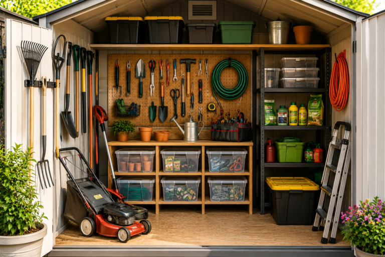 "Well-organized backyard storage shed with wall-mounted garden tools, pegboard, shelves, clear storage bins, lawn mower, and neatly arranged gardening supplies."