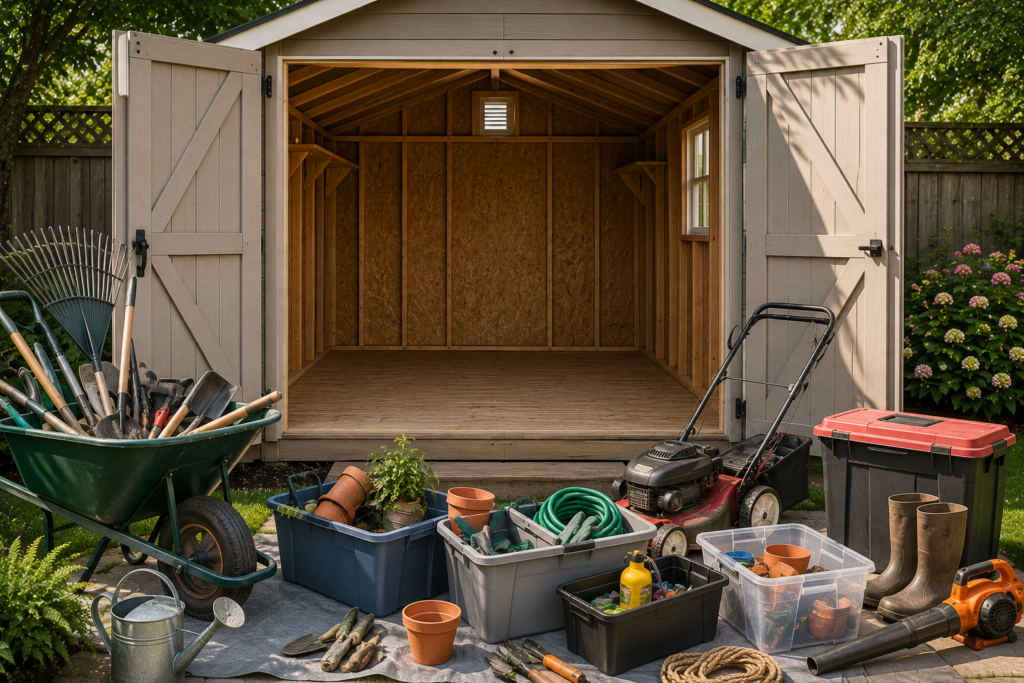 "Empty backyard storage shed with gardening tools, lawn mower, storage bins, and outdoor equipment neatly arranged outside before organizing the interior."