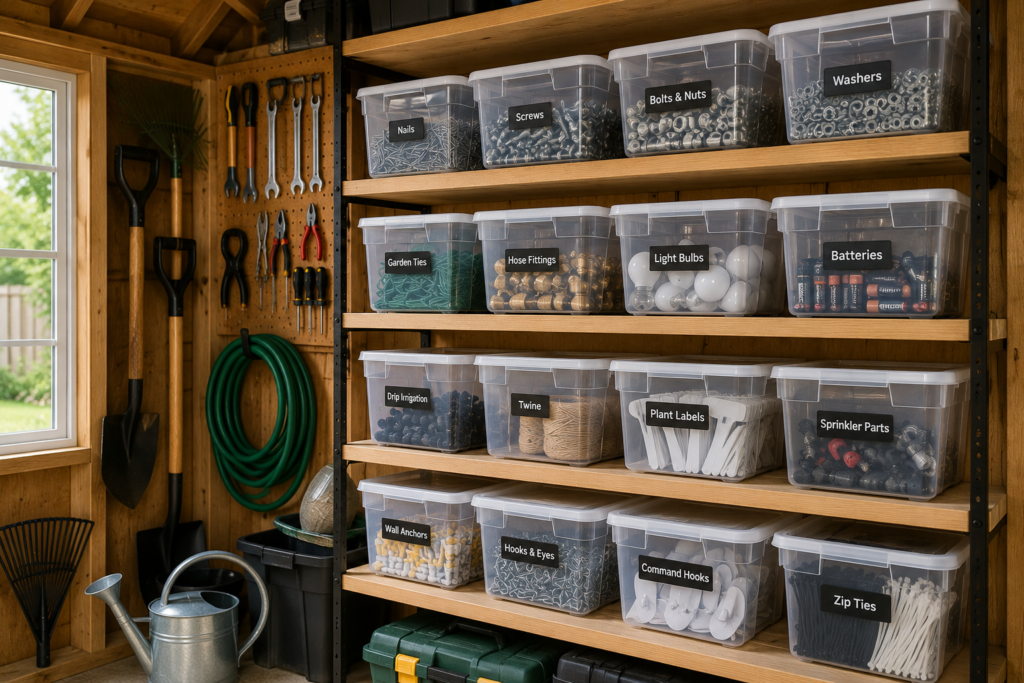 "Clear plastic storage containers neatly organized on shed shelves with gardening supplies, hardware, batteries, hose fittings, and small tools for efficient outdoor storage."