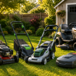 "Collection of gas, cordless electric, robotic, and riding lawn mowers displayed on a lush suburban lawn in front of a backyard shed, illustrating different lawn mower types for homeowners."