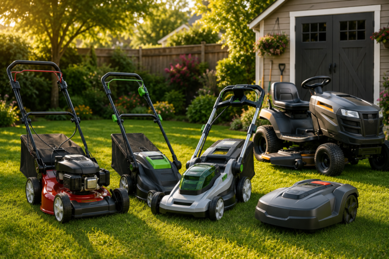 "Collection of gas, cordless electric, robotic, and riding lawn mowers displayed on a lush suburban lawn in front of a backyard shed, illustrating different lawn mower types for homeowners."