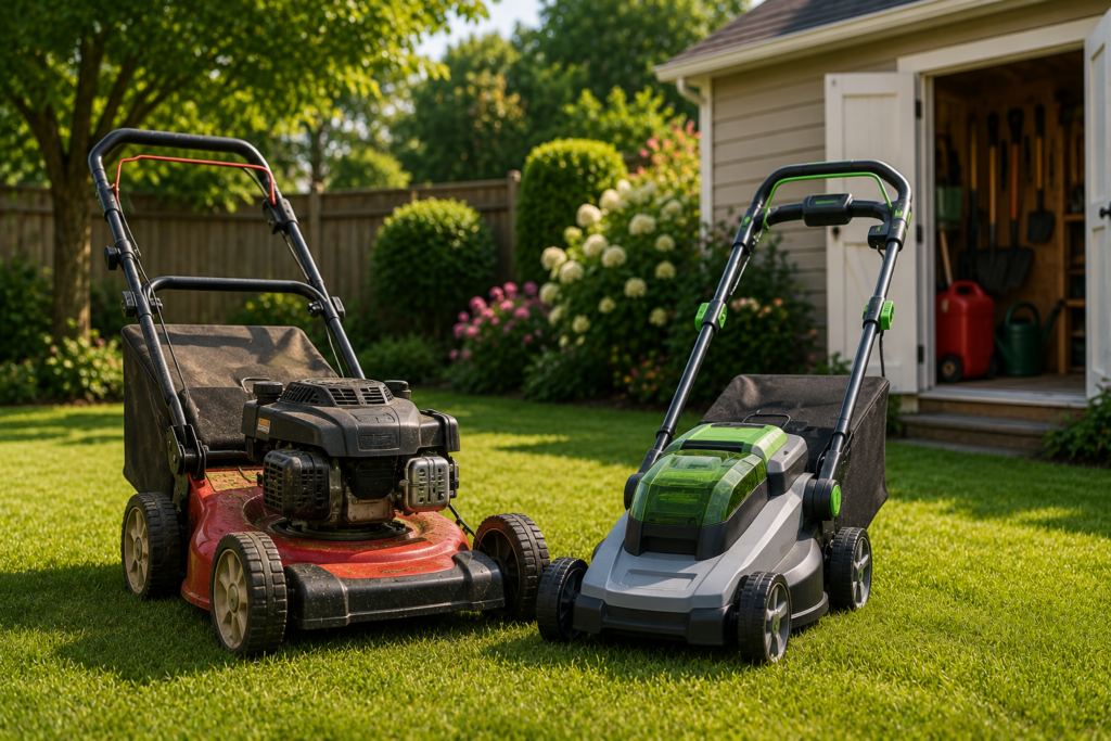 "Gas-powered lawn mower parked in a suburban backyard beside a modern electric mower, illustrating the shift in lawn mower availability and changing equipment choices."