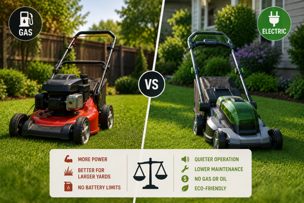"Gas-powered lawn mower and cordless electric lawn mower displayed side by side on a lush suburban lawn, illustrating different power options for residential lawn care."