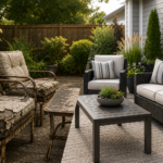 "Side-by-side comparison of worn outdoor patio furniture and a modern weather-resistant seating set in a landscaped backyard, illustrating when it's time to replace outdoor furniture."