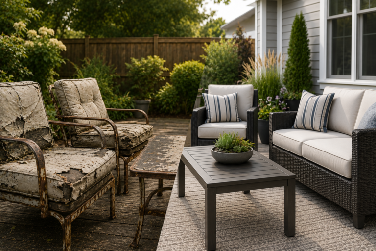 "Side-by-side comparison of worn outdoor patio furniture and a modern weather-resistant seating set in a landscaped backyard, illustrating when it's time to replace outdoor furniture."