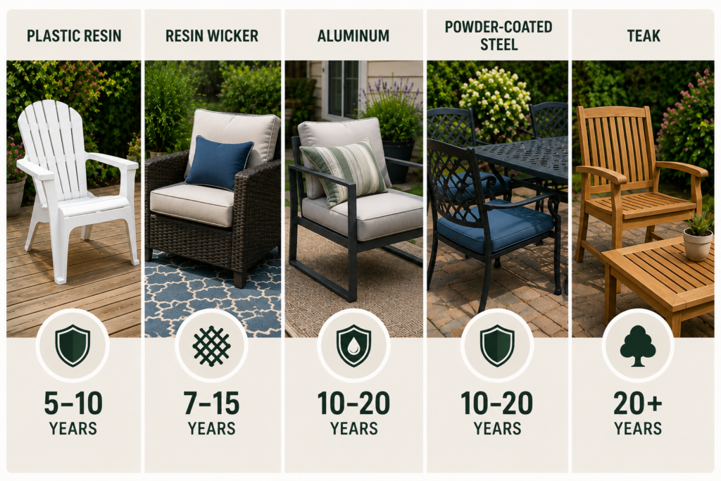 "Comparison of plastic resin, resin wicker, aluminum, powder-coated steel, and teak outdoor furniture, illustrating the typical lifespan of common patio furniture materials."