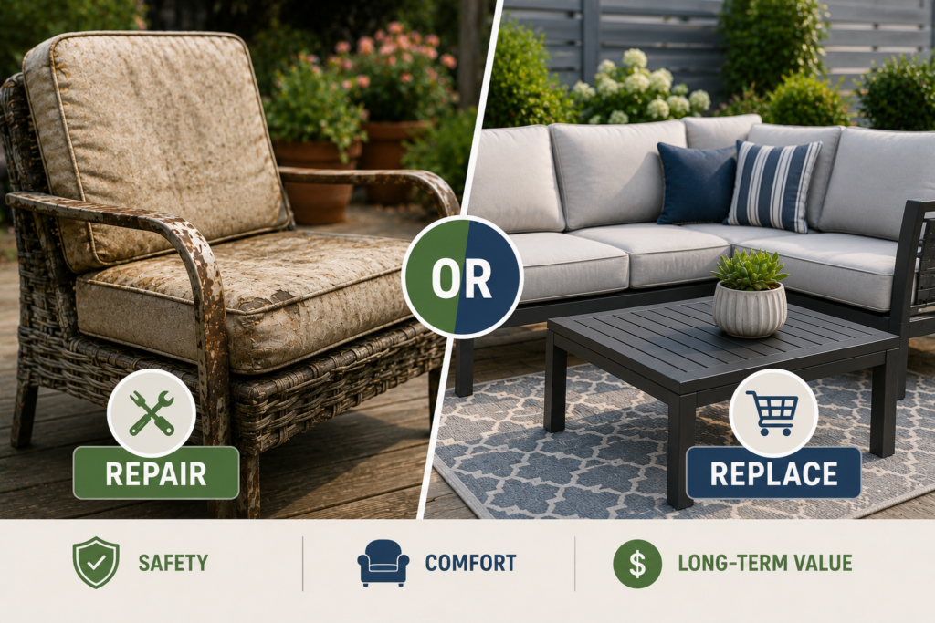 "Side-by-side comparison of a worn outdoor patio chair and a modern outdoor furniture set, helping homeowners decide whether to repair or replace aging outdoor furniture."