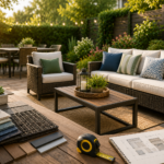 "Modern outdoor patio featuring weather-resistant wicker seating, a dining set, fabric and material samples, wood finishes, and planning tools, representing an outdoor furniture buying guide."