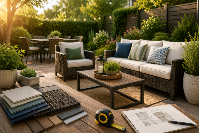 "Modern outdoor patio featuring weather-resistant wicker seating, a dining set, fabric and material samples, wood finishes, and planning tools, representing an outdoor furniture buying guide."