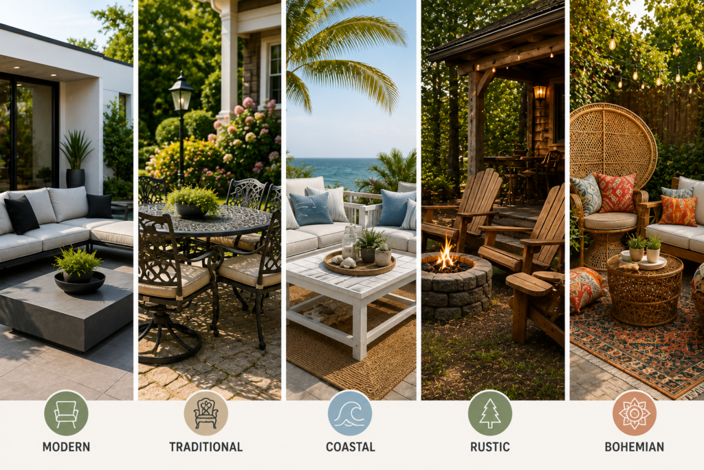 "Five outdoor furniture styles including modern, traditional, coastal, rustic, and bohemian patio designs displayed side by side for style comparison."