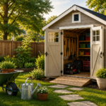 "Modern backyard storage shed with organized shelves, lawn mower, gardening tools, wheelbarrow, and watering can in a landscaped garden, illustrating a homeowner's storage solution."
