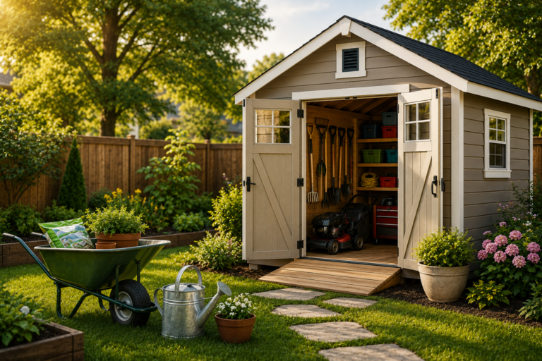 "Modern backyard storage shed with organized shelves, lawn mower, gardening tools, wheelbarrow, and watering can in a landscaped garden, illustrating a homeowner's storage solution."