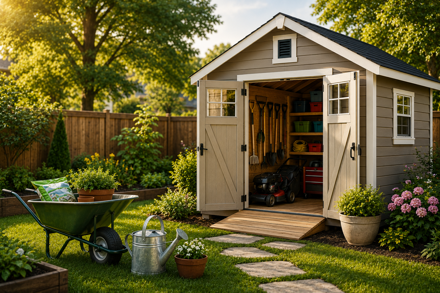 "Modern backyard storage shed with organized shelves, lawn mower, gardening tools, wheelbarrow, and watering can in a landscaped garden, illustrating a homeowner's storage solution."