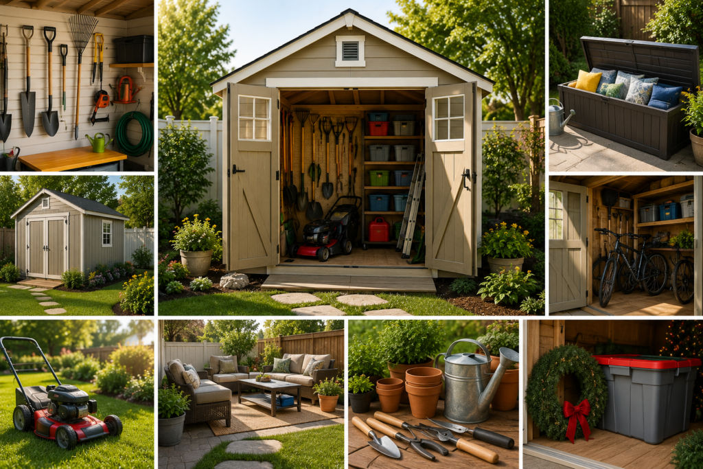 "Well-organized backyard storage shed with neatly stored gardening tools, lawn mower, bicycles, patio furniture, and outdoor equipment, showcasing the benefits of extra outdoor storage."