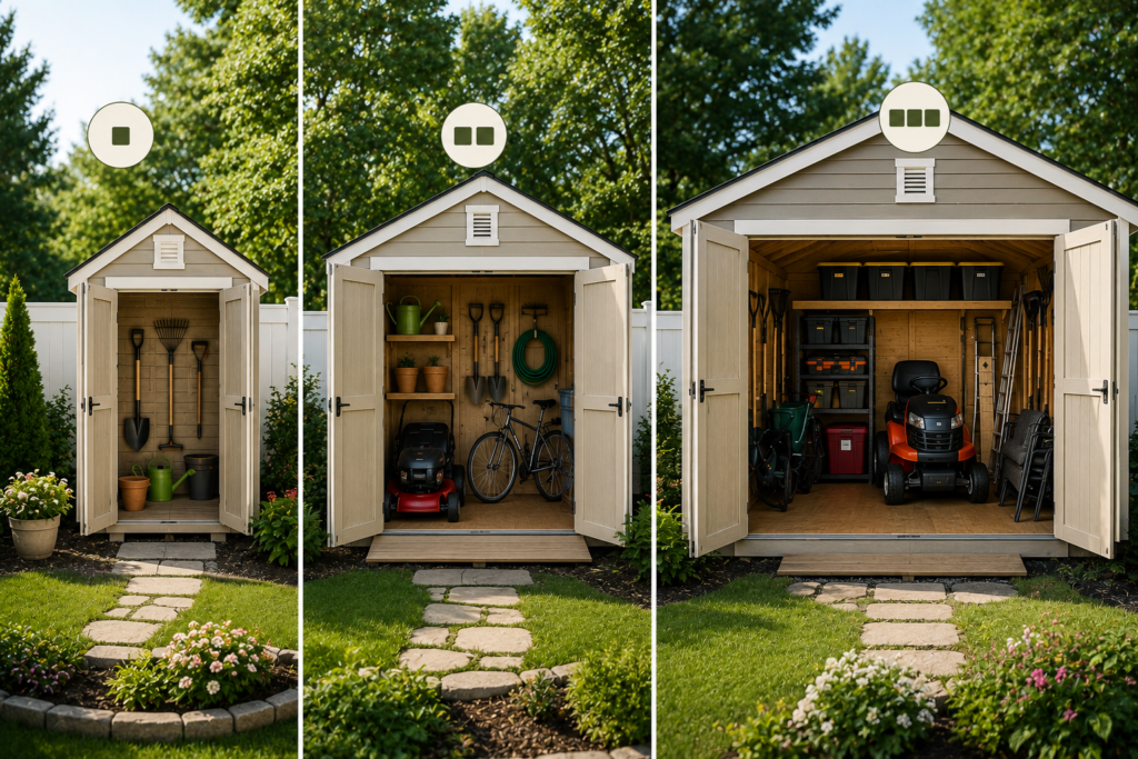 "Comparison of small, medium, and large backyard storage sheds displaying different storage capacities for garden tools, lawn equipment, bicycles, and outdoor gear."