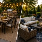 "Split backyard design featuring an outdoor dining set on one side and a comfortable outdoor lounge set with a fire pit on the other, comparing two popular patio furniture layouts."