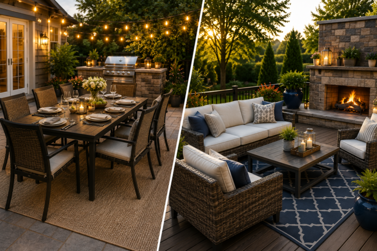 "Split backyard design featuring an outdoor dining set on one side and a comfortable outdoor lounge set with a fire pit on the other, comparing two popular patio furniture layouts."