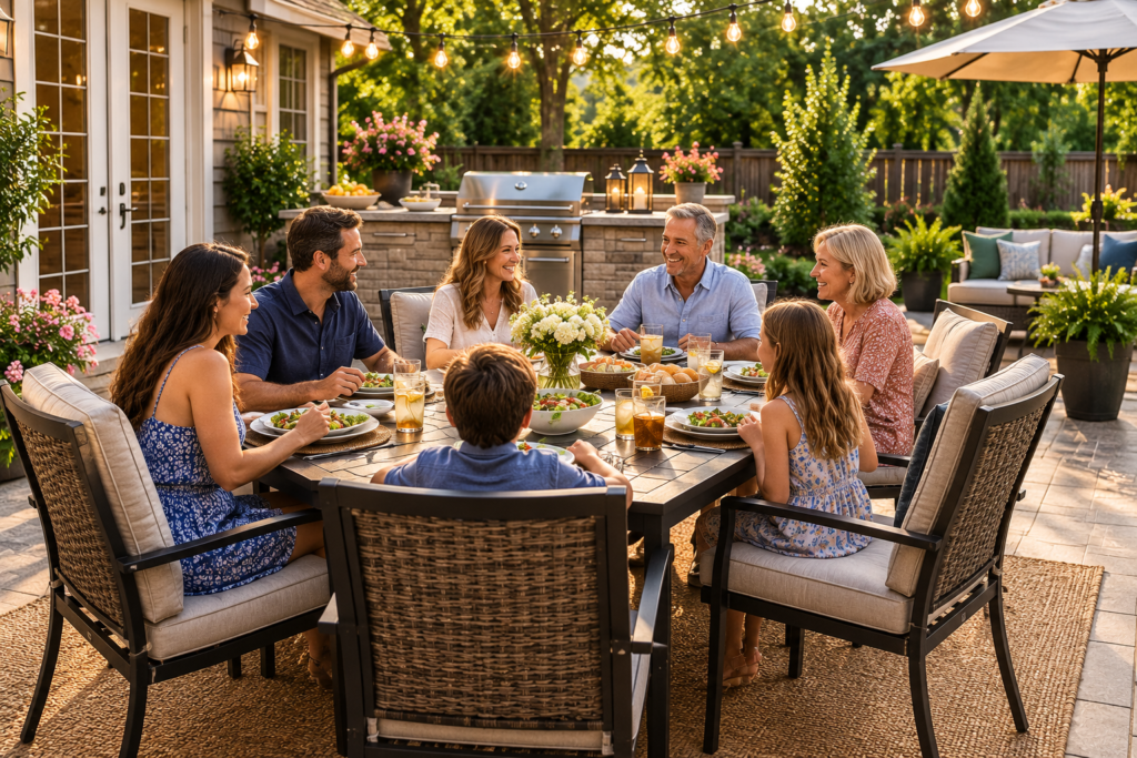 "Family enjoying a meal around a modern outdoor dining set on a landscaped backyard patio with a grill, string lights, and comfortable seating for outdoor entertaining."