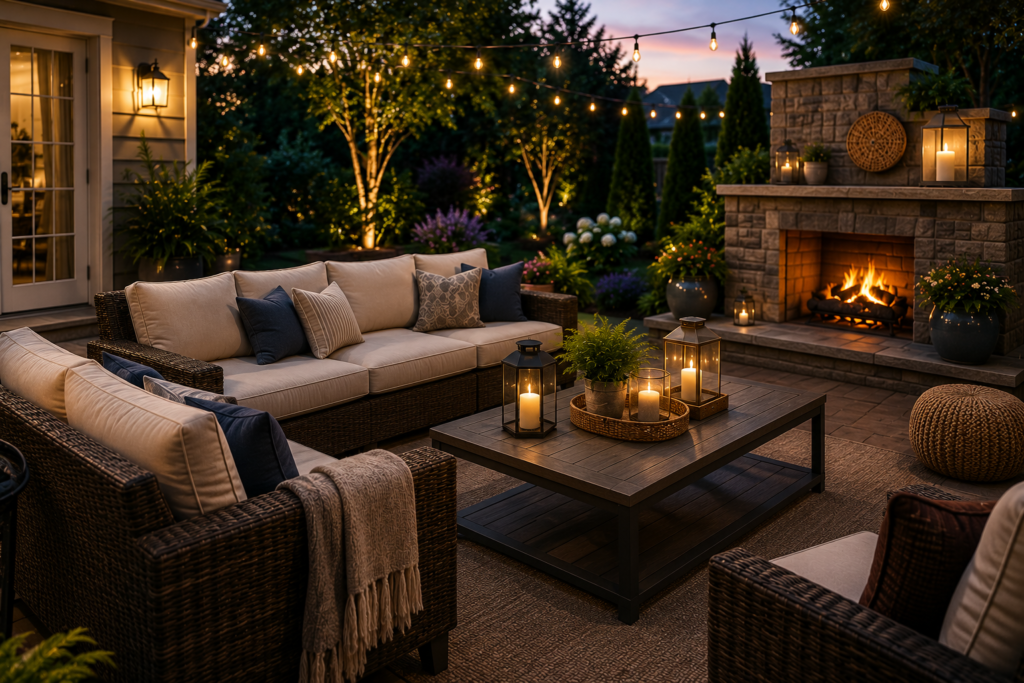 "Cozy outdoor lounge set with deep cushioned wicker seating, coffee table, string lights, and a stone fire pit, creating a comfortable backyard living space for relaxation and entertaining."