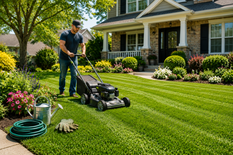 "Homeowner mowing a lush green lawn in front of a modern suburban home with a garden hose, watering can, and gardening gloves, illustrating beginner lawn care."