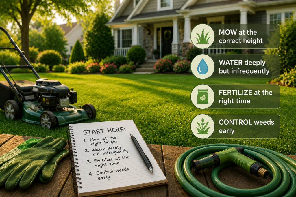 "Beginner lawn care tools including a lawn mower, garden hose, watering can, gloves, and fertilizer arranged beside a healthy green lawn in a modern suburban backyard."