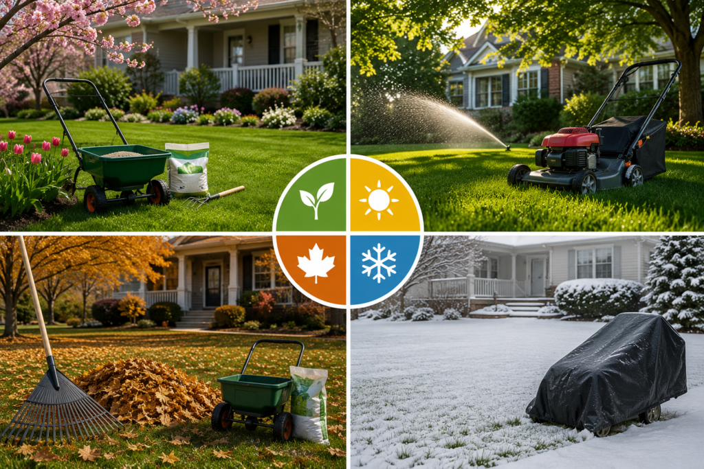 "Healthy suburban lawn with seasonal lawn care tools including a fertilizer spreader, rake, lawn mower, and sprinkler in a beautifully landscaped American backyard."