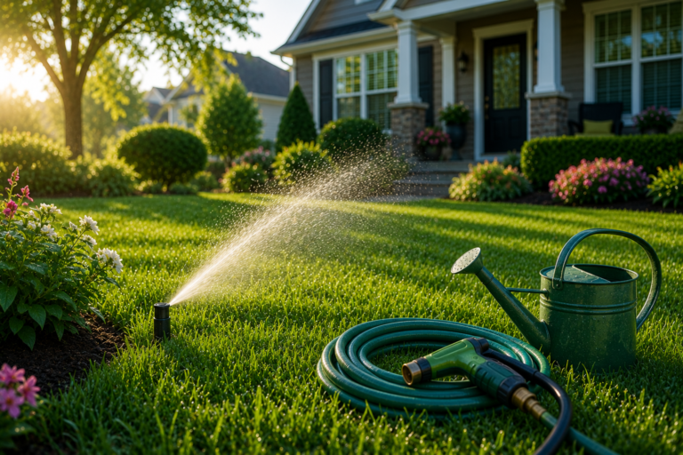 "Automatic sprinkler watering a lush green lawn in front of a modern suburban American home with a garden hose and watering can, illustrating proper lawn watering techniques."