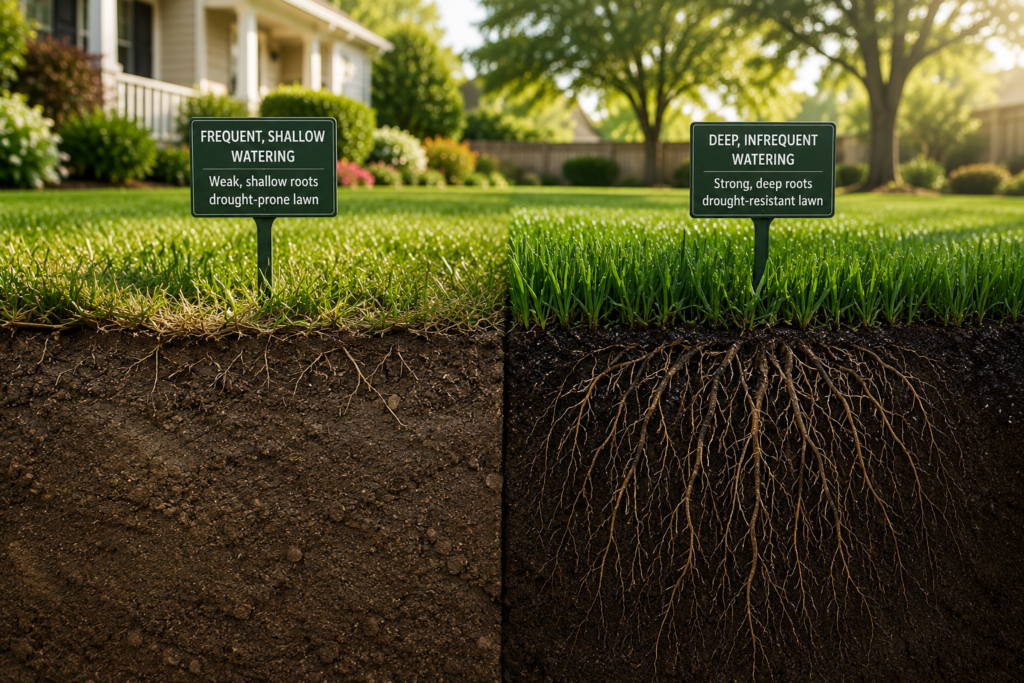 "Healthy green lawn with deep grass roots beneath rich soil being watered by an automatic sprinkler in a modern suburban backyard, demonstrating proper lawn watering techniques."