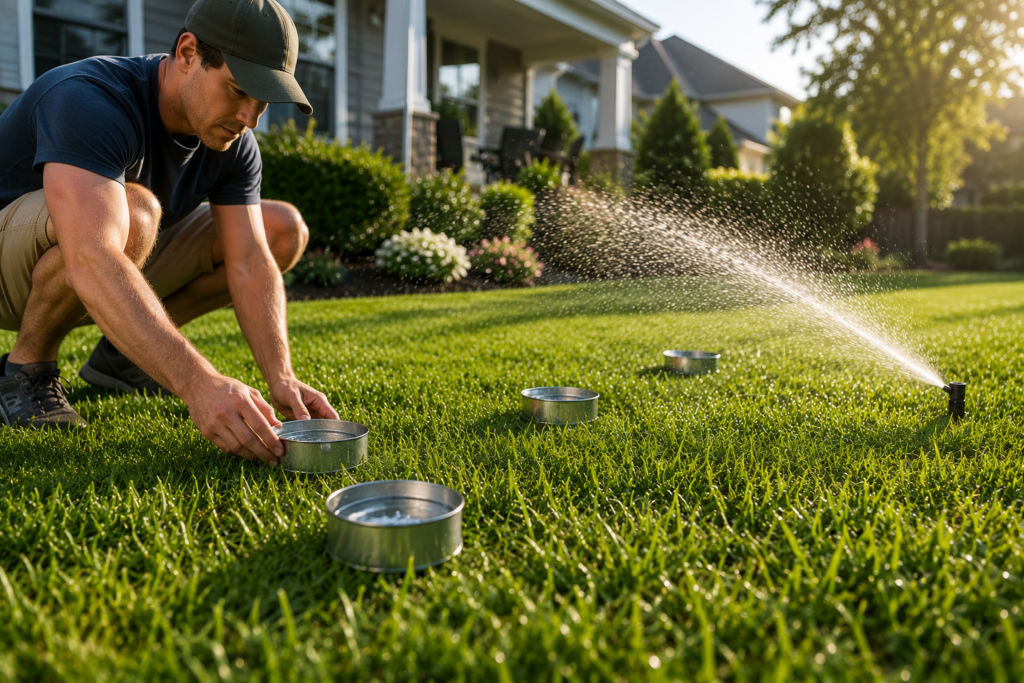"Homeowner placing small metal cans on a healthy lawn while an automatic sprinkler waters the grass to measure irrigation depth in a suburban backyard."