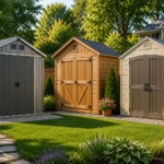 "Metal, wood, and resin storage sheds displayed in a beautifully landscaped suburban American backyard, comparing popular outdoor shed materials for residential storage."