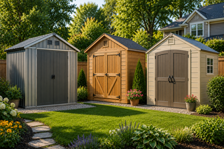"Metal, wood, and resin storage sheds displayed in a beautifully landscaped suburban American backyard, comparing popular outdoor shed materials for residential storage."