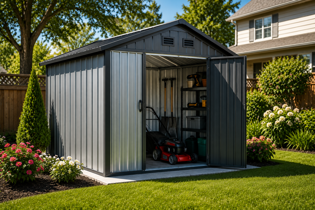 "Modern galvanized metal storage shed in a landscaped suburban American backyard with organized lawn equipment and gardening tools inside."