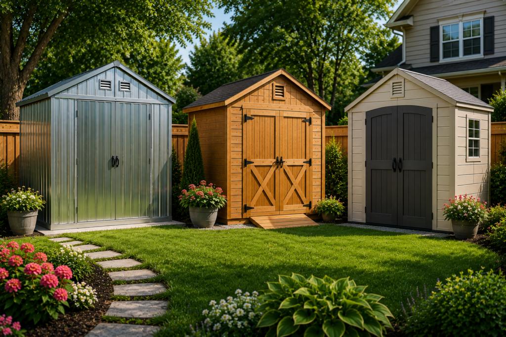 "Metal, wood, and resin storage sheds displayed in a landscaped suburban backyard, showcasing different outdoor shed materials for durability comparison."