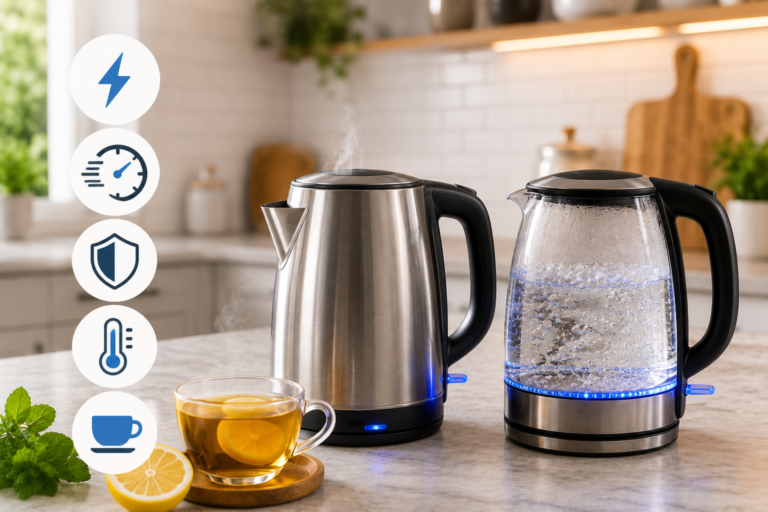 "Modern stainless steel and glass electric kettles boiling water on a kitchen countertop with tea, lemon slices, and feature icons, showcasing fast-boiling electric kettle options for everyday use."