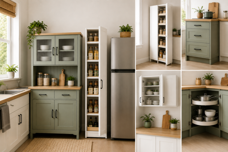 Modern small kitchen with freestanding storage cabinet, slim pantry cabinet, wall-mounted cabinet, corner cabinet, and compact base cabinet designed to maximize storage in limited space.