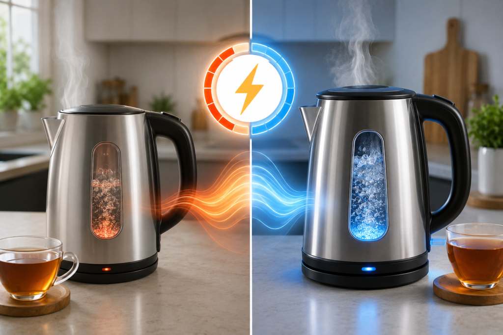 "Side-by-side comparison of two electric kettles with different power levels, showing faster boiling performance through energy effects, steam, and illuminated heating indicators in a modern kitchen."