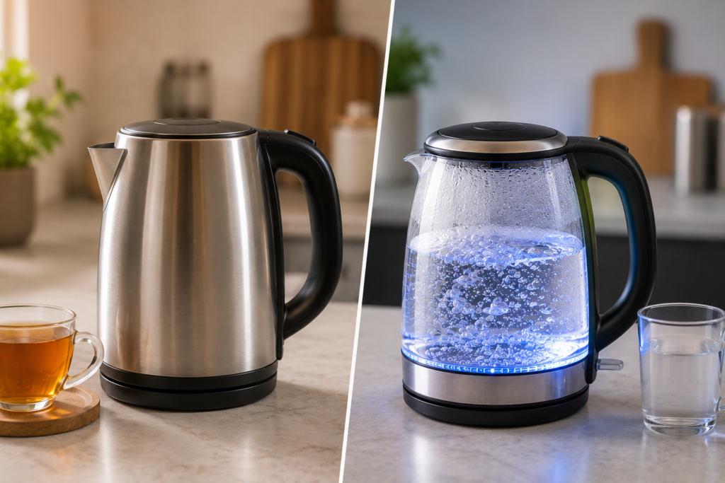 "Side-by-side comparison of stainless steel and glass electric kettles on a modern kitchen countertop, showcasing different kettle materials for durability, style, and everyday home use."