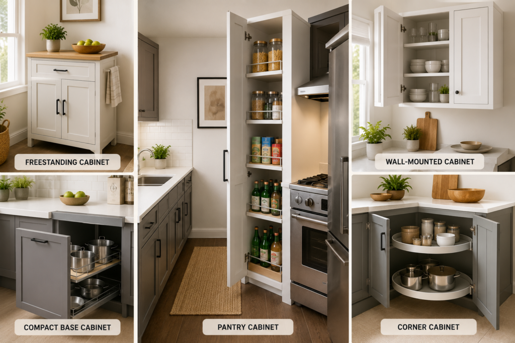 Modern small kitchen featuring freestanding storage cabinet, slim pull-out pantry cabinet, wall-mounted cabinet, corner cabinet with rotating shelves, and compact base cabinet designed to maximize storage in limited kitchen space.
