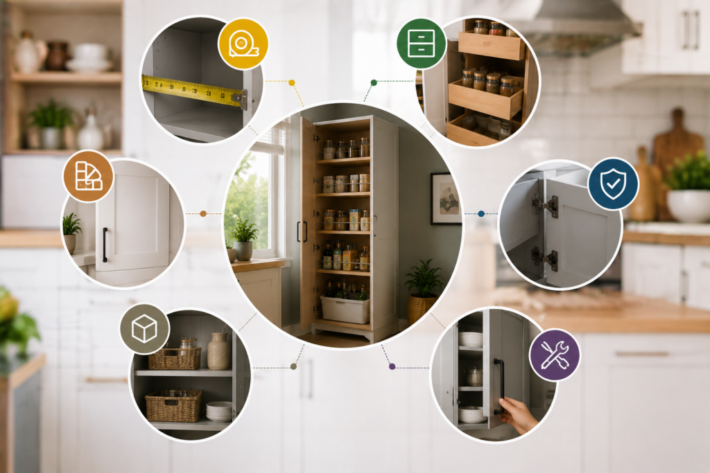 Modern pantry storage cabinet in a contemporary kitchen with close-up views of measuring dimensions, pull-out drawers, durable hinges, organized shelving, quality hardware, and storage features for choosing the right kitchen storage cabinet.