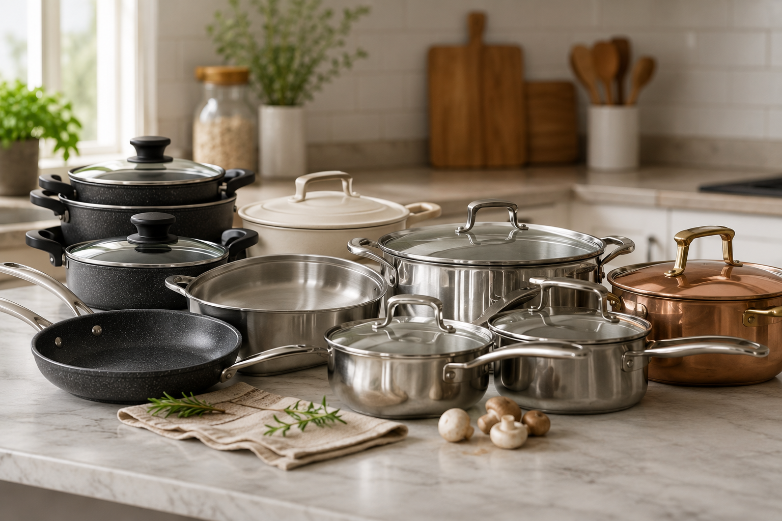 Collection of stainless steel, nonstick, ceramic, and copper pots and pans arranged on a modern kitchen countertop, showcasing cookware sets for different budgets and cooking styles.