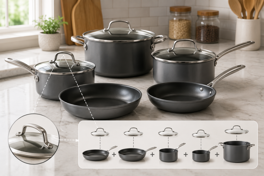 Complete nonstick cookware set with frying pans, saucepans, stockpot, and matching glass lids arranged on a modern kitchen countertop, illustrating what cookware piece count typically includes.