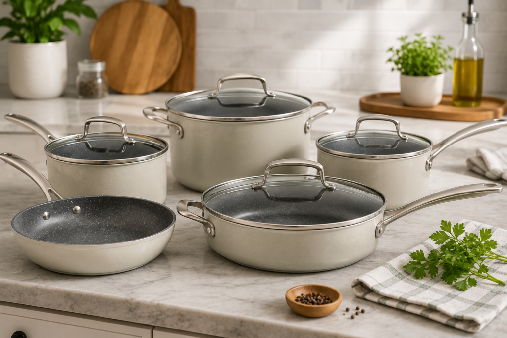 Mid-range ceramic cookware set with frying pans, saucepans, sauté pan, and stockpot displayed on a modern kitchen countertop, highlighting premium design, durability, and everyday cooking performance.